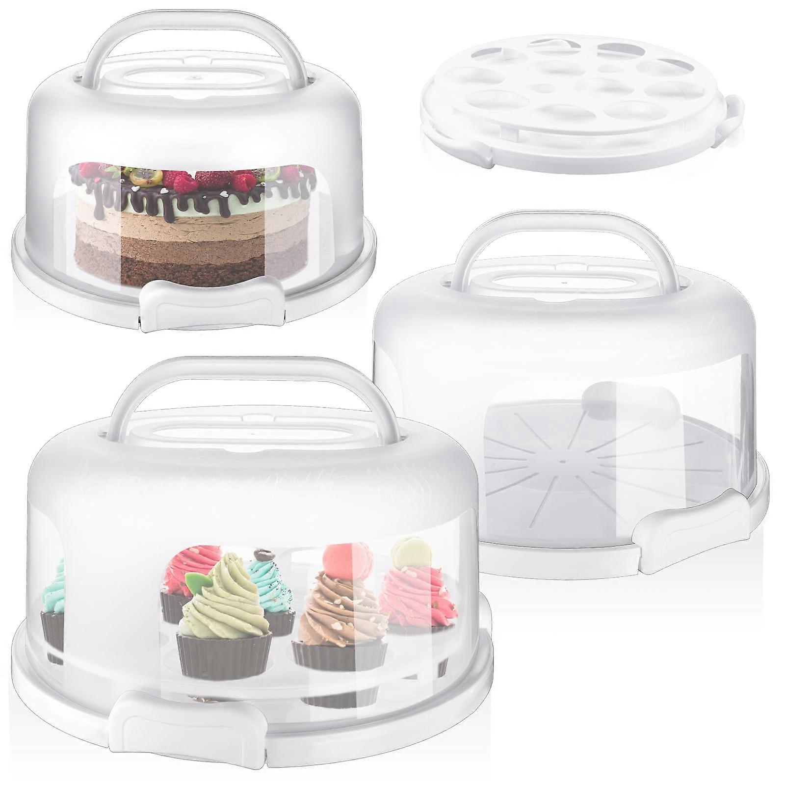 3 Pcs Plastic Cake Carrier with Lid and Handle, 12'' 11'' 10'' Cake Holder, Portable Cupcake and Pie Container