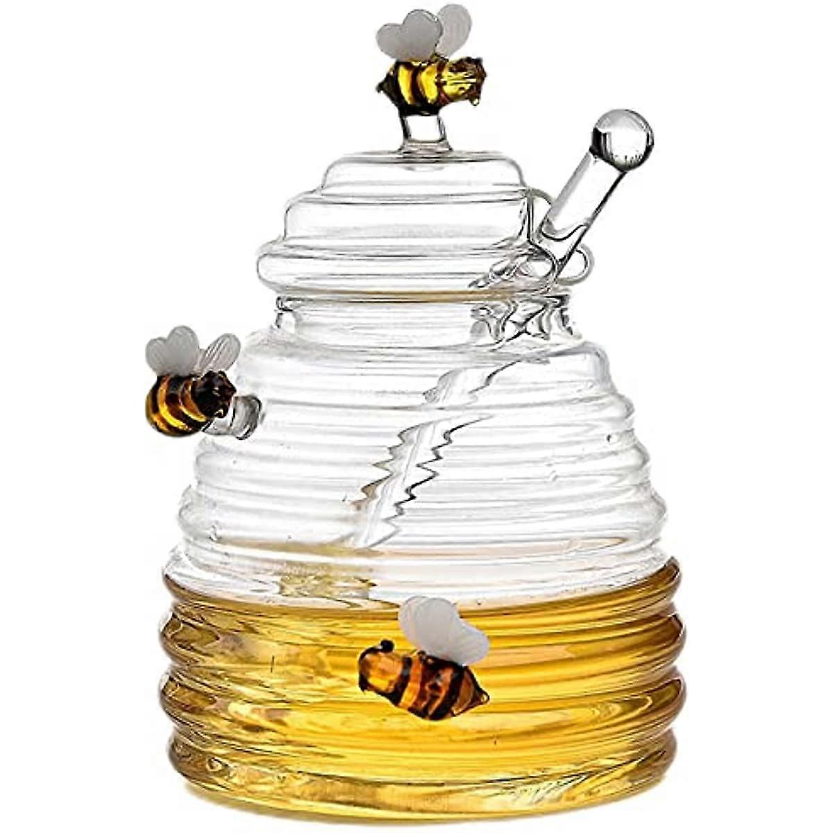 Glass Honey Pot - Honey Jar with Honey Container and Honey Spoon | Transparent Honey Dispenser with Lid