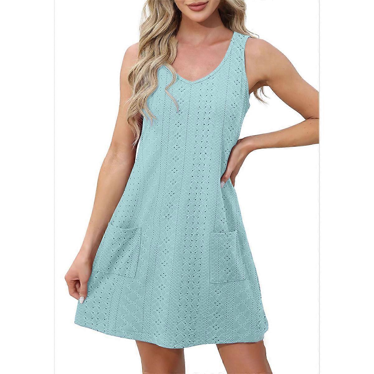 Women Sleeveless V Neck Dresses with Pockets Turquoise XL