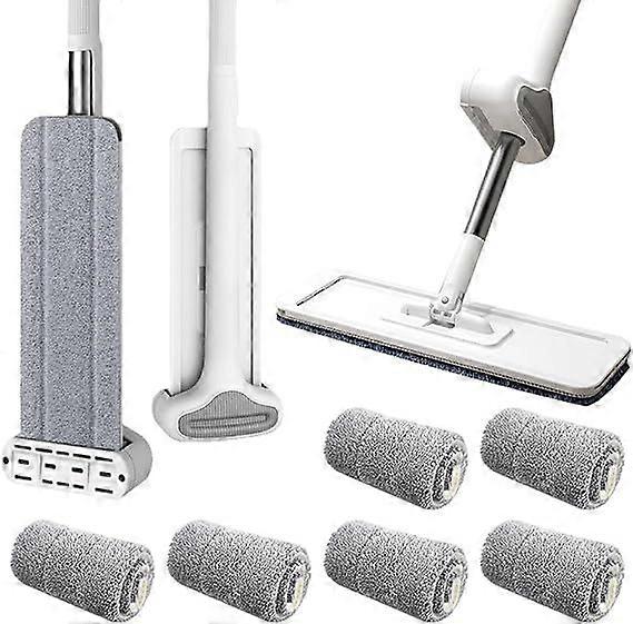 Selbstreinigender Flachmopp für faule, große Flachmopps, Flat Mop 360 Swivel Bodenwischer-Set, Flachmopp mit wiederverwendbaren Mikrofaser-Mopp-Pads (weiß + 6 Pads)