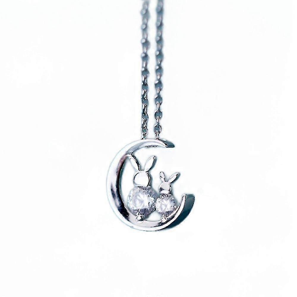 Sterling Silver Sparkling Moon Rabbit Pendant Necklace Clear