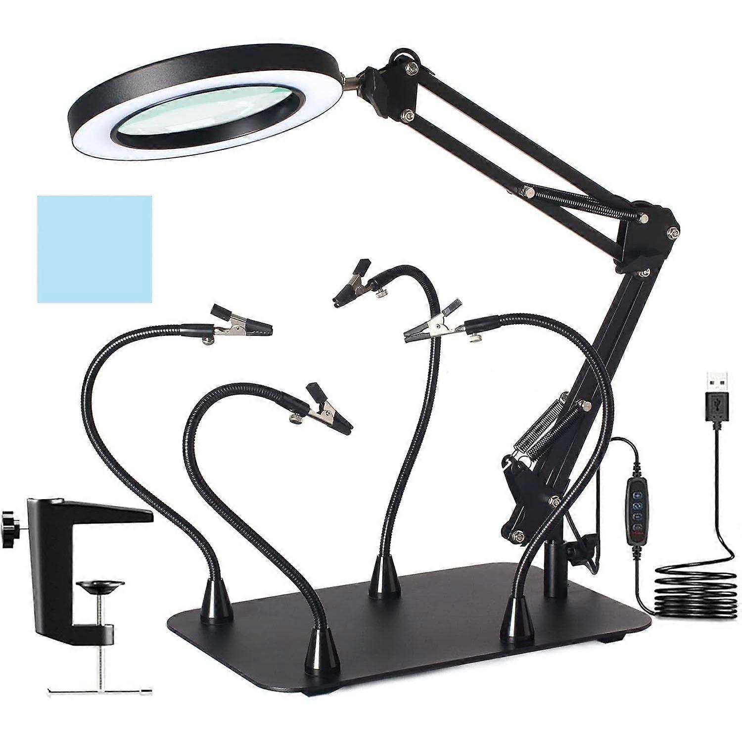 10X Magnifying Glass with Light and Stand, Flexible Magnetic Helping Hands, Large Base & Clamp Magnifying Lamp, 3 Color Adjustable Arm Hands Free Magn