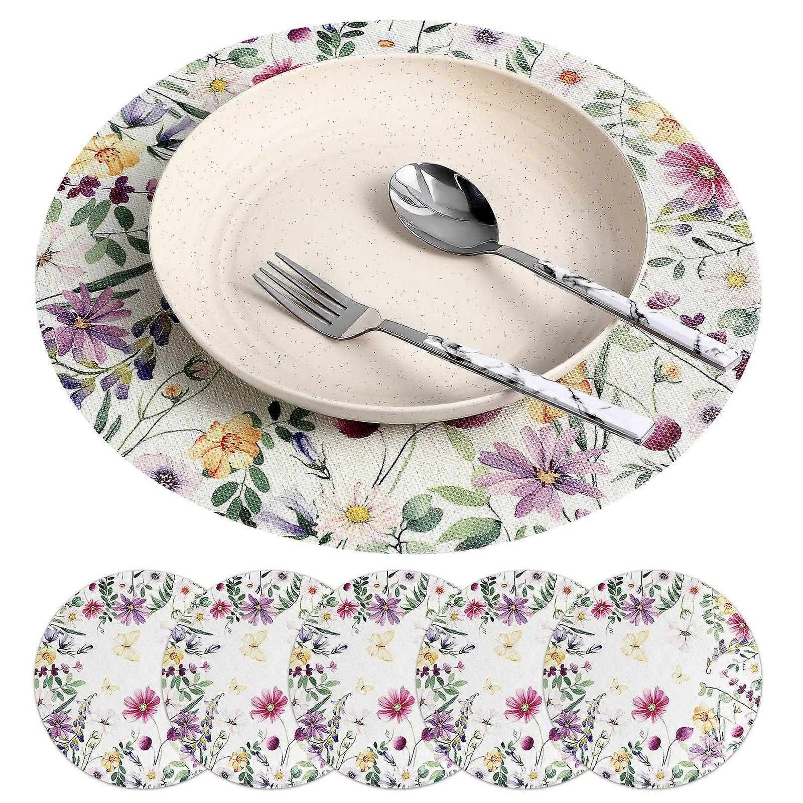6pcs Floral Round Linen Coasters for Dining Tables, Versatile Design for Home and Gatherings
