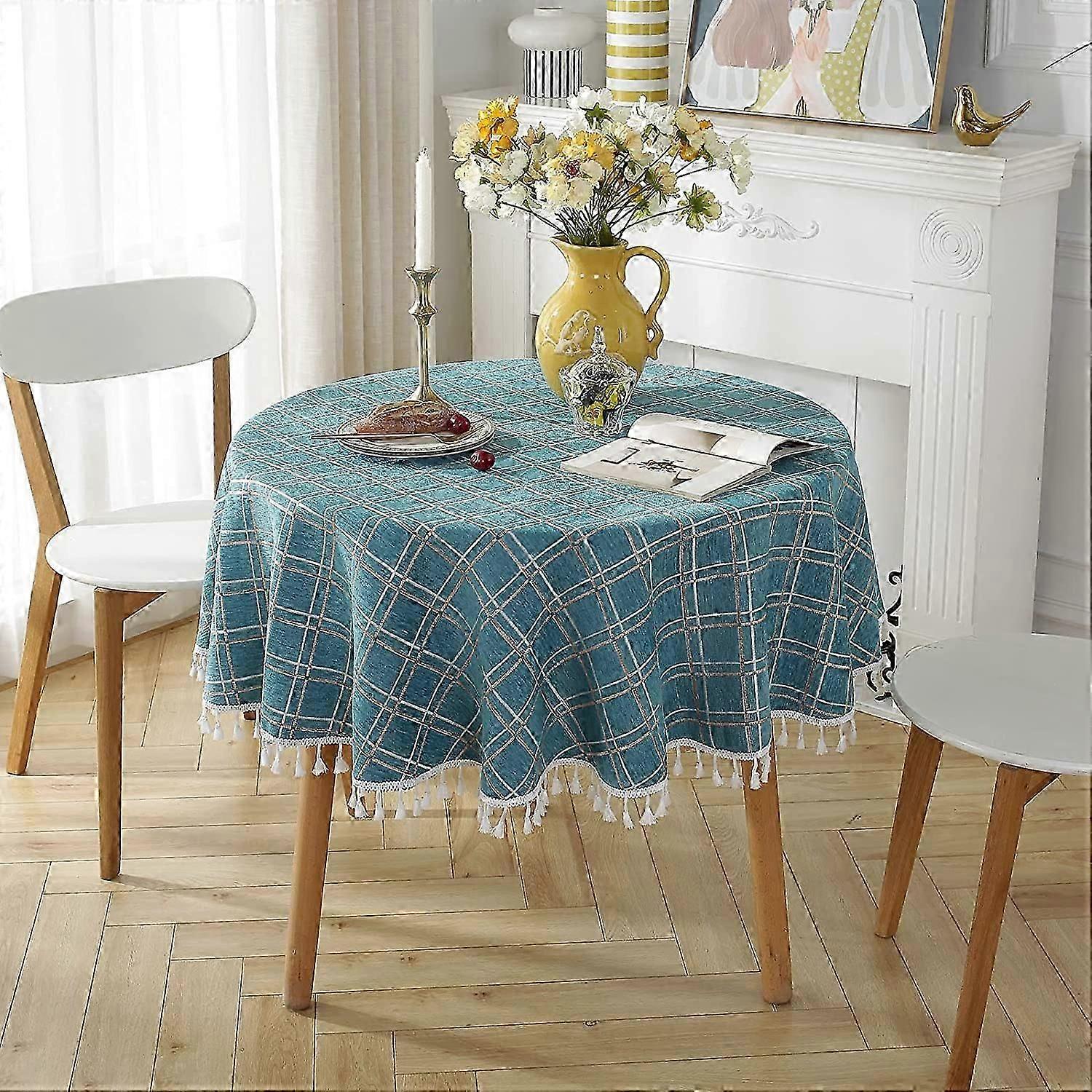 Cotton and Linen Round Table Cloth Anti-Stain Fringed Tablecloth Washable Table Protector 140x140cm