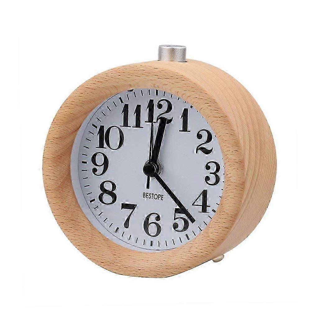 Small Alarm Clock with Night Light Wood Classic Round Silence Table Clocks Snooze Function