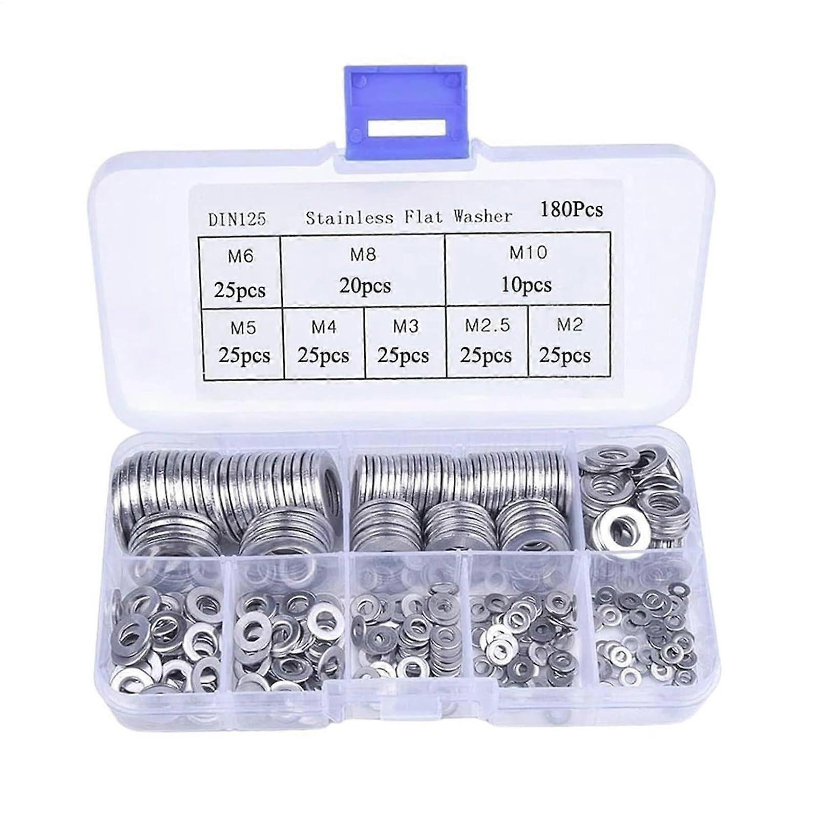 Washer Assortment Set - 180 Reusable Stainless Steel Washers for Fender and Gasket, 8 Sizes, Durable Hardware Kit