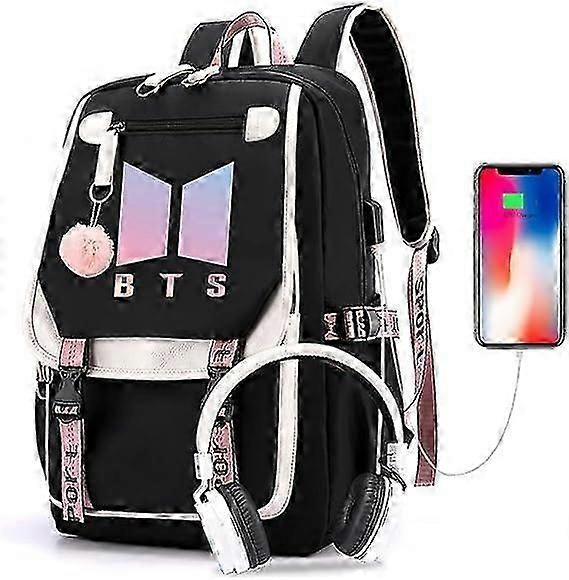 Kpop BTS School Backpack Merchandise, Features USB and Audio Cable Interface Breakers, Suitable For 