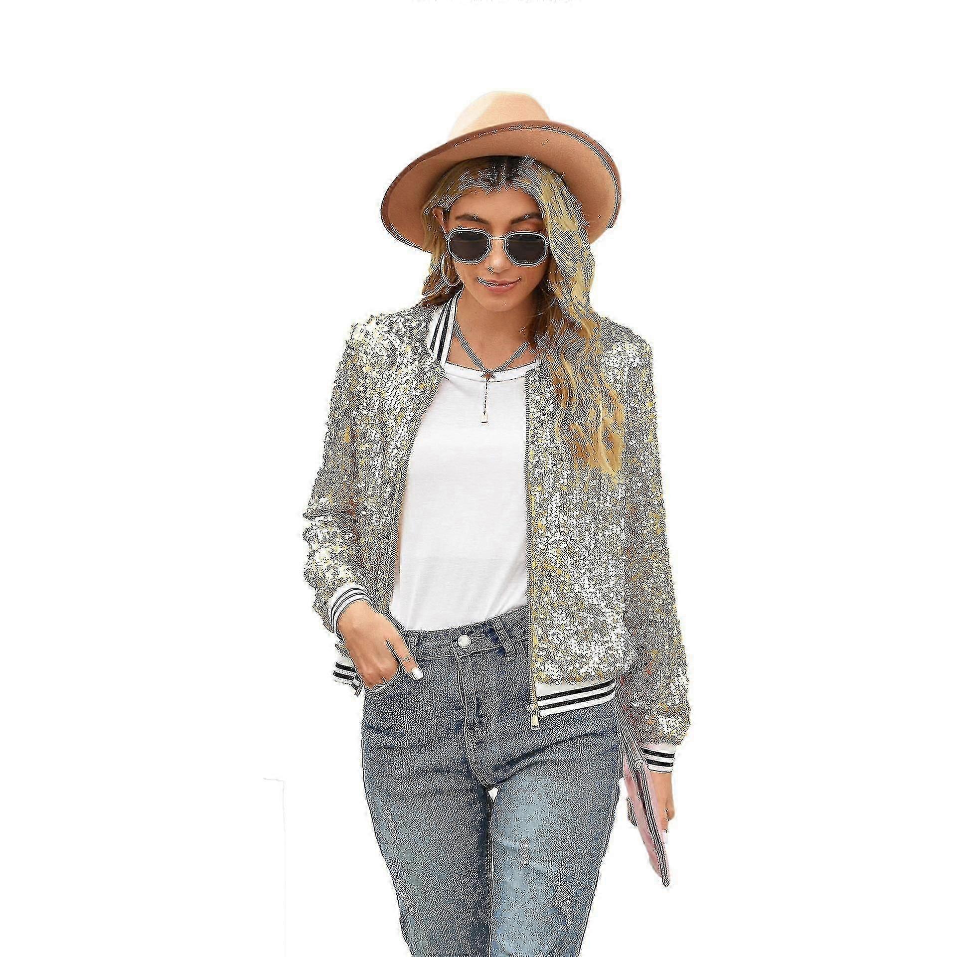 Women's Sequin Fitted Long Sleeve Zipper Blazer Bomber Jacket