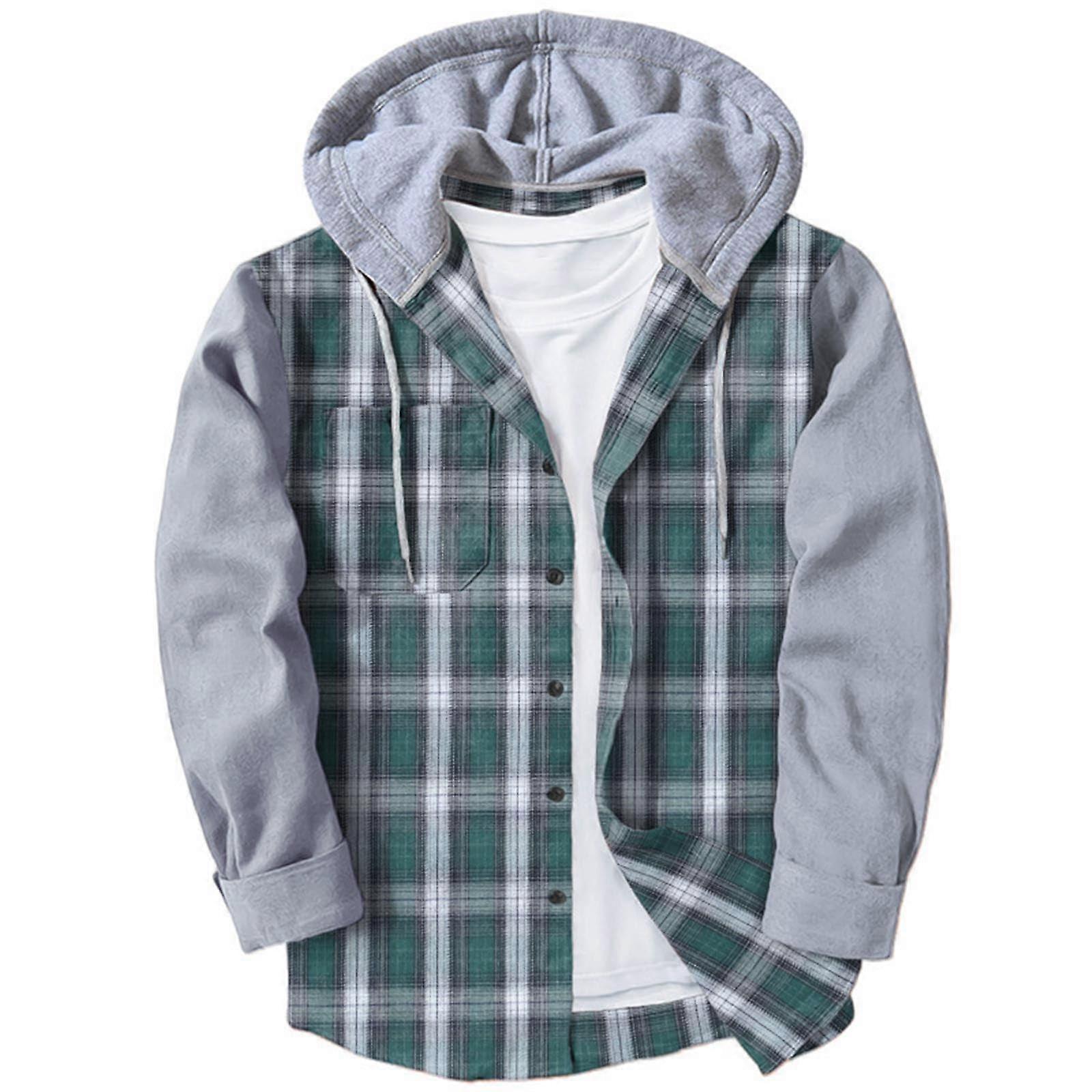 Hoodie Checked Men's Lined Flannel Jacket with Hood Green M