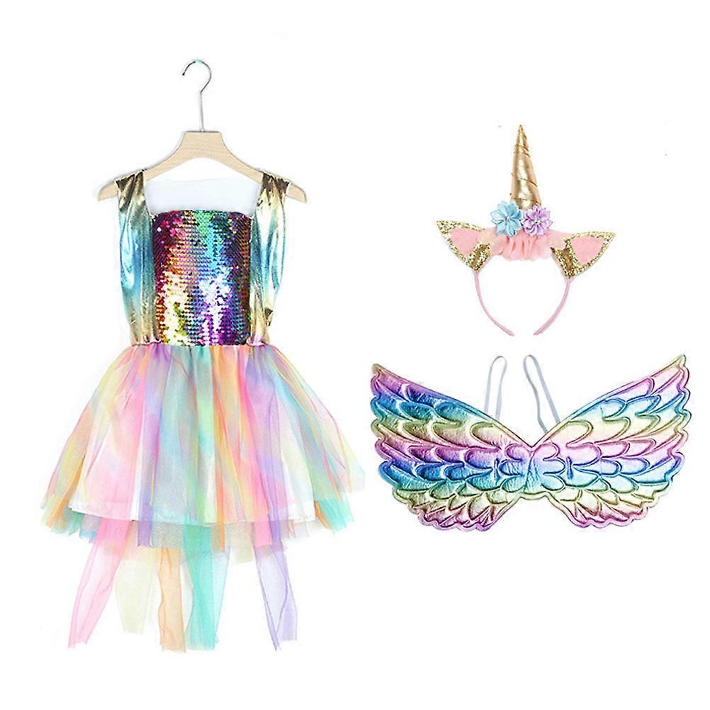 Sequined Unicorn Dress For Girls With Headband And Wing Cosplay Design For Kids Size S Suitable For Parties 1 Set