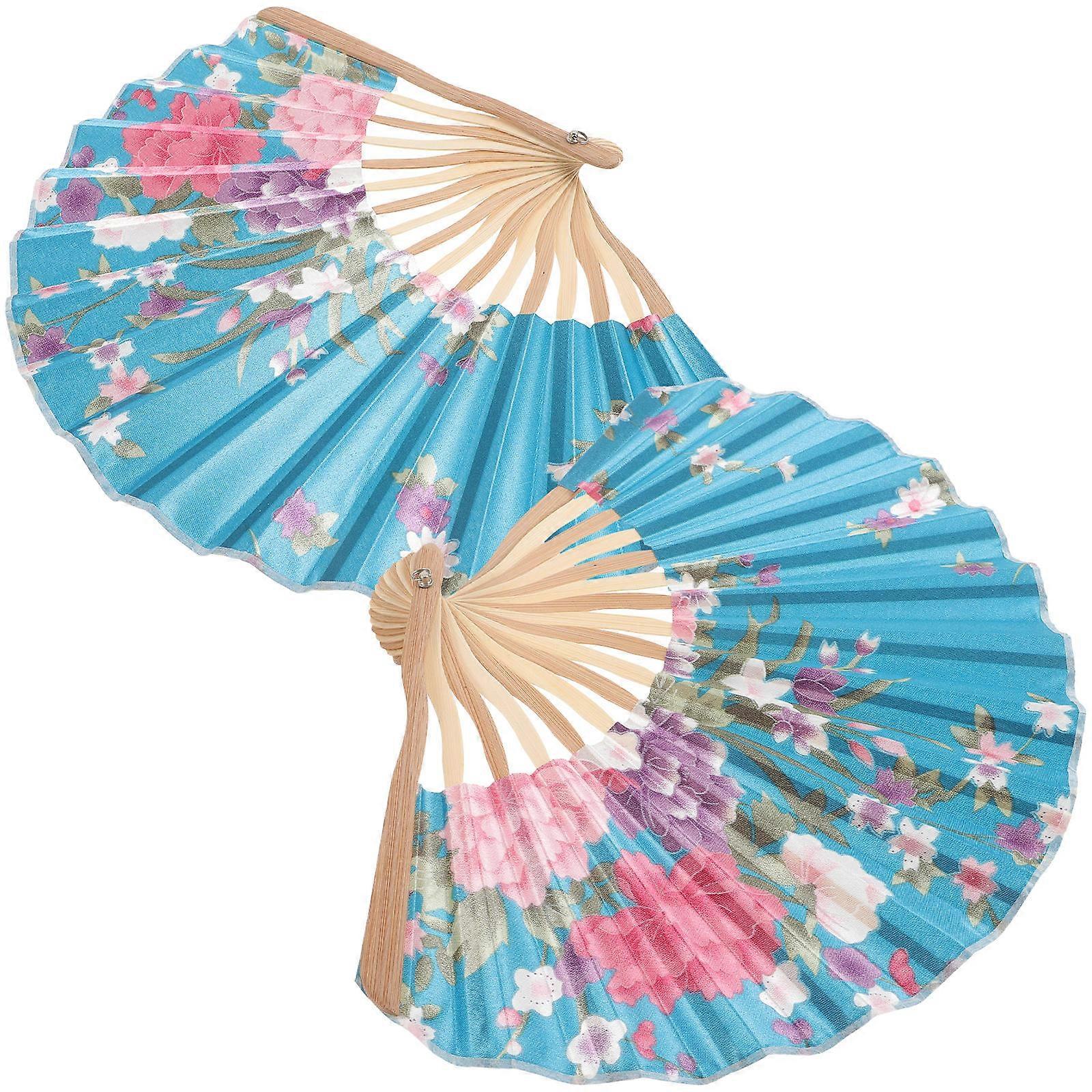 Japanese Style Folding Fan Decorative Blue Cloth Fan for Home Decoration and Photo Props 2pcs