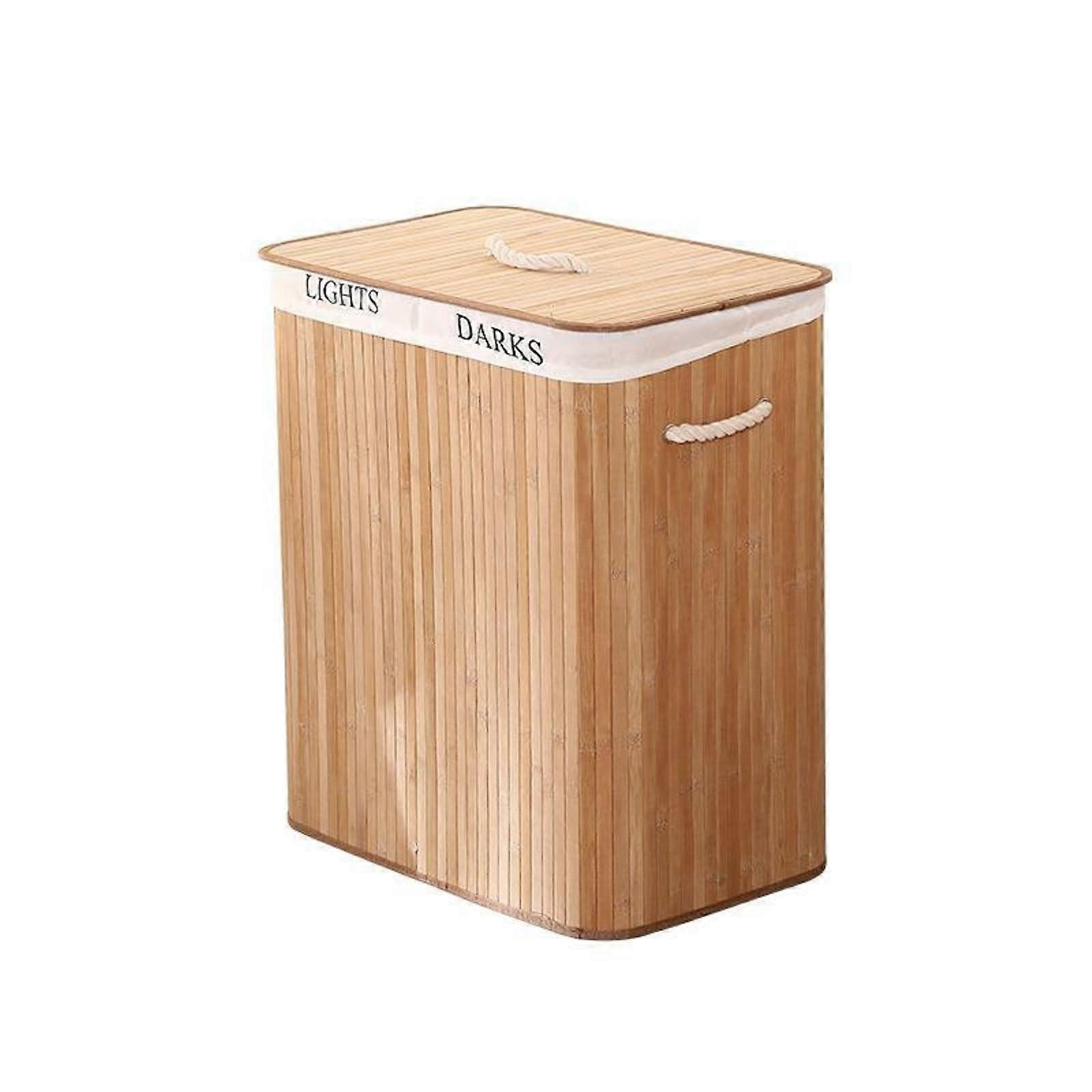 Bamboo Laundry Basket 2 Compartments With Lid Foldable 72L Capacity, Detachable Inner Bag & Handle for Laundry Room