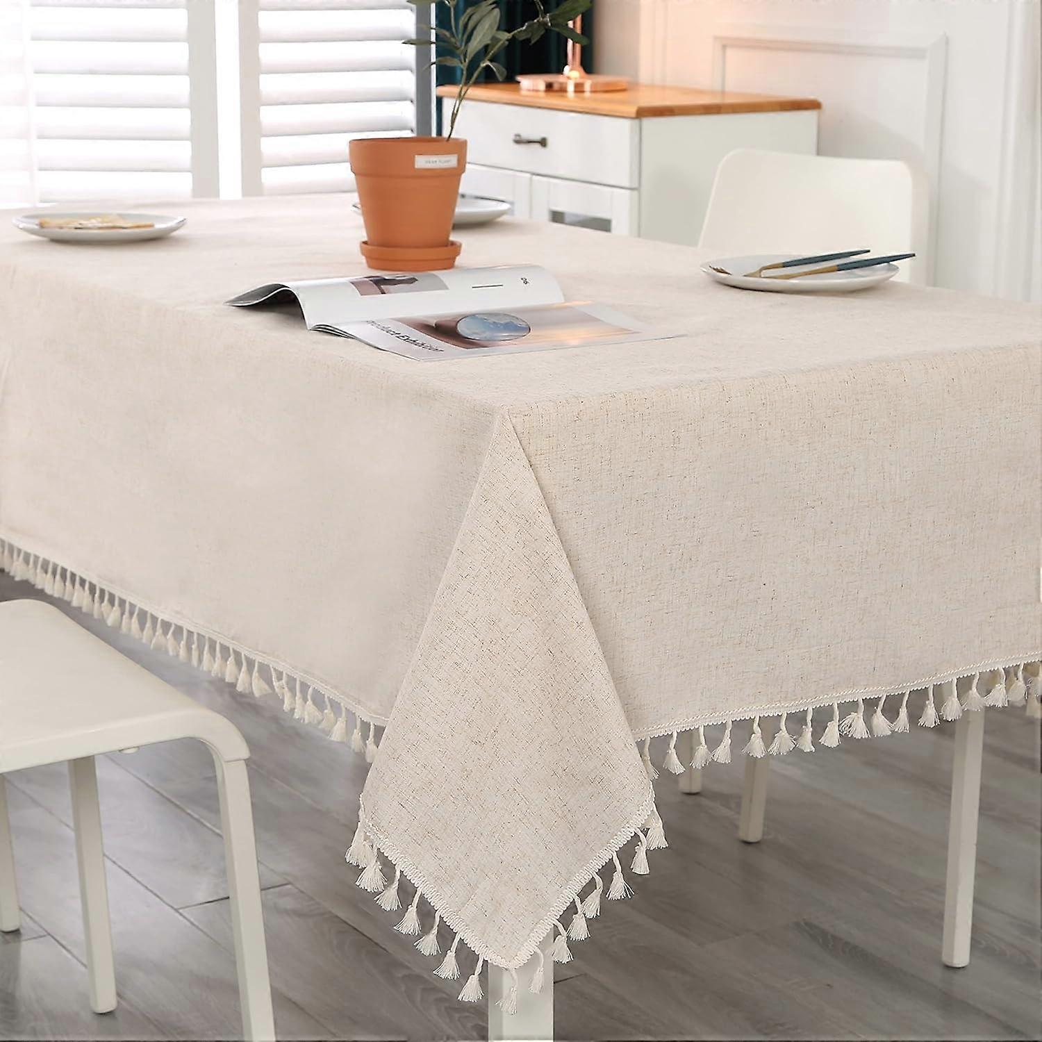 Beige Rectangular Tablecloth Stain Resistant Washable Cotton and Linen Tassel Tablecloth with Fringes, Waterproof Table Cloth for Kitchen Dining Tabl