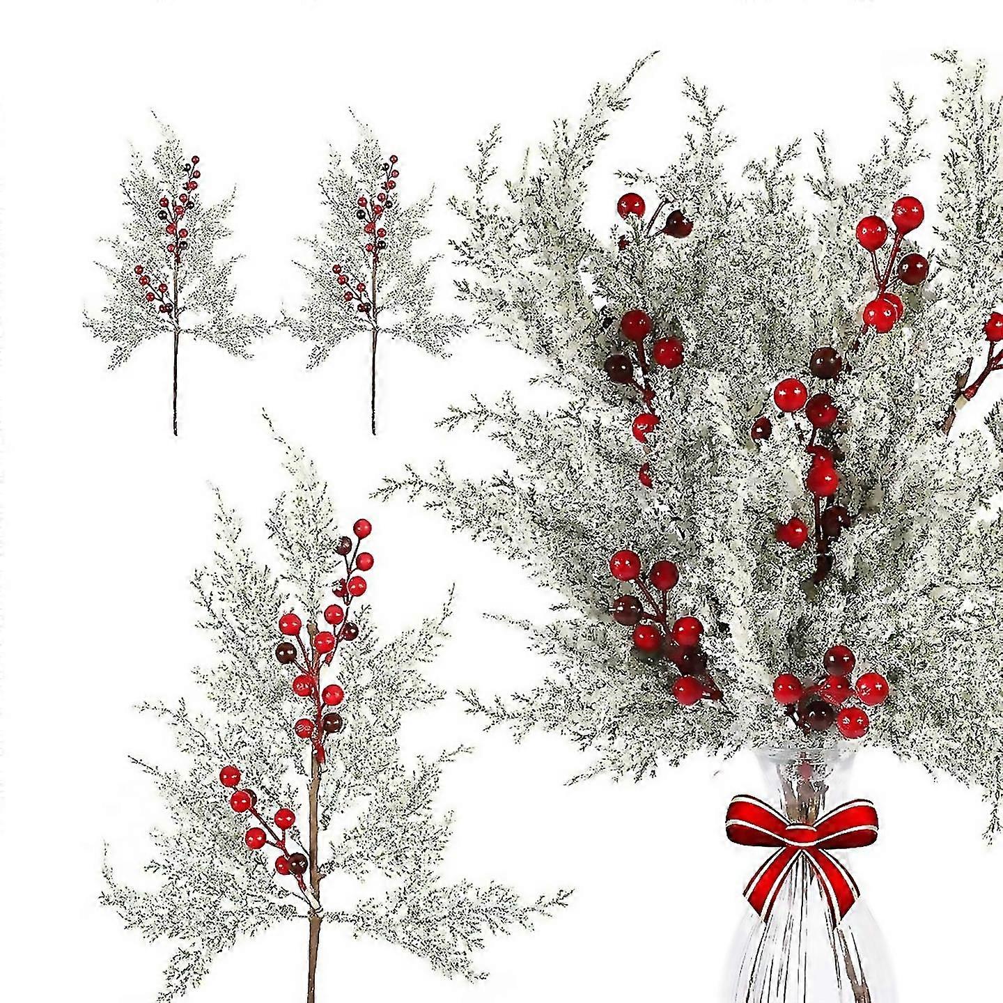 For 6pcs Christmas Berries Stems Pine Branches Red