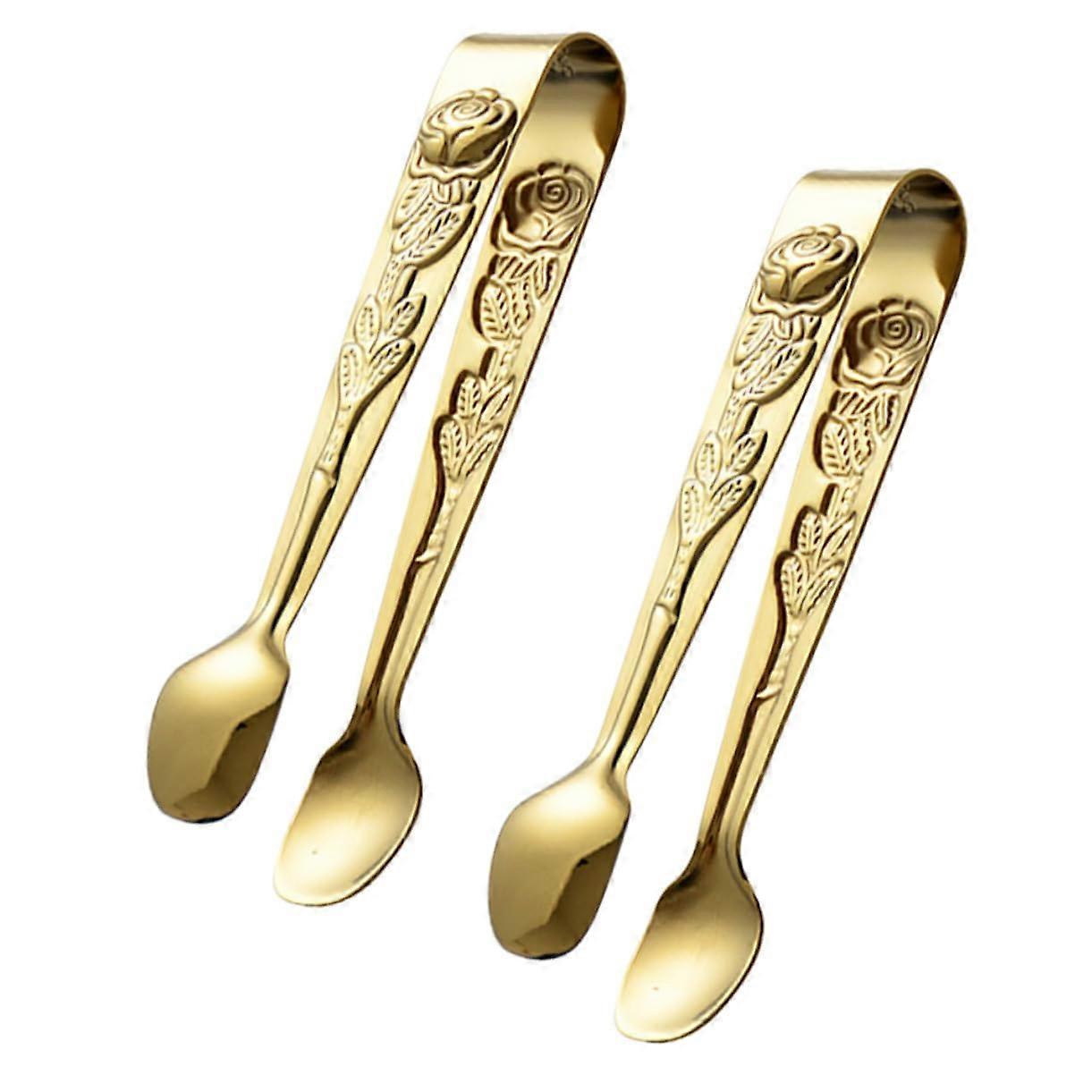 Multi-Function Food Tongs Clips - 2pcs Stainless Steel Ice Cube & Sugar Cube Clips in Gold Finish