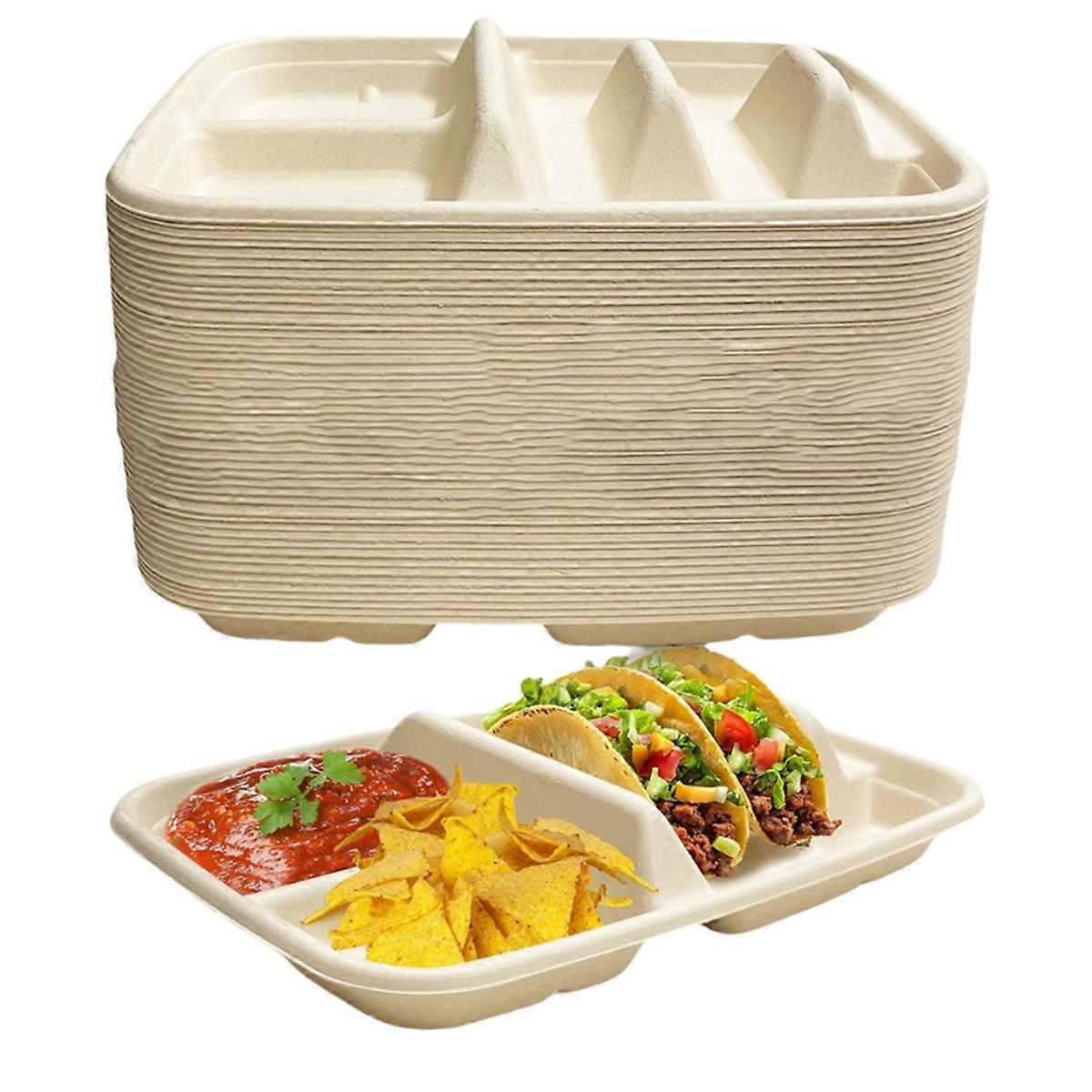 Disposable Taco Plates for 2 Tacos & 2 Sides Papers Plates with Dividers, Fiesta Taco Holder, Taco Stand - 50 PACK