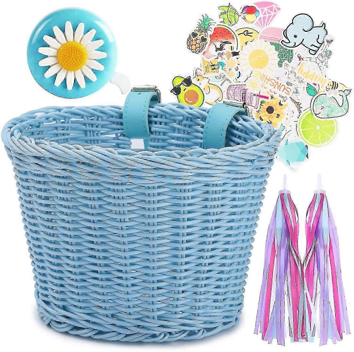 kids bicycle basket front woven wicker with handlebar streamers