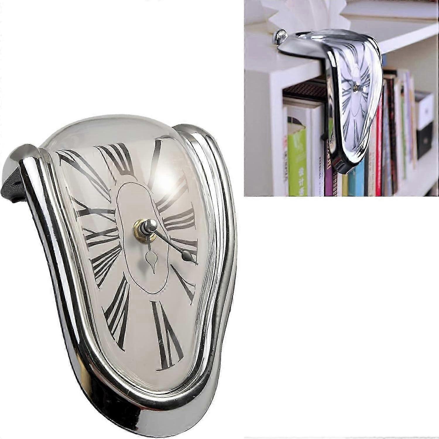 Melting Clock, Table Shelf Desk Fashion Clock Melting Distorted Wall Clock Quartz Clock(Silver)
