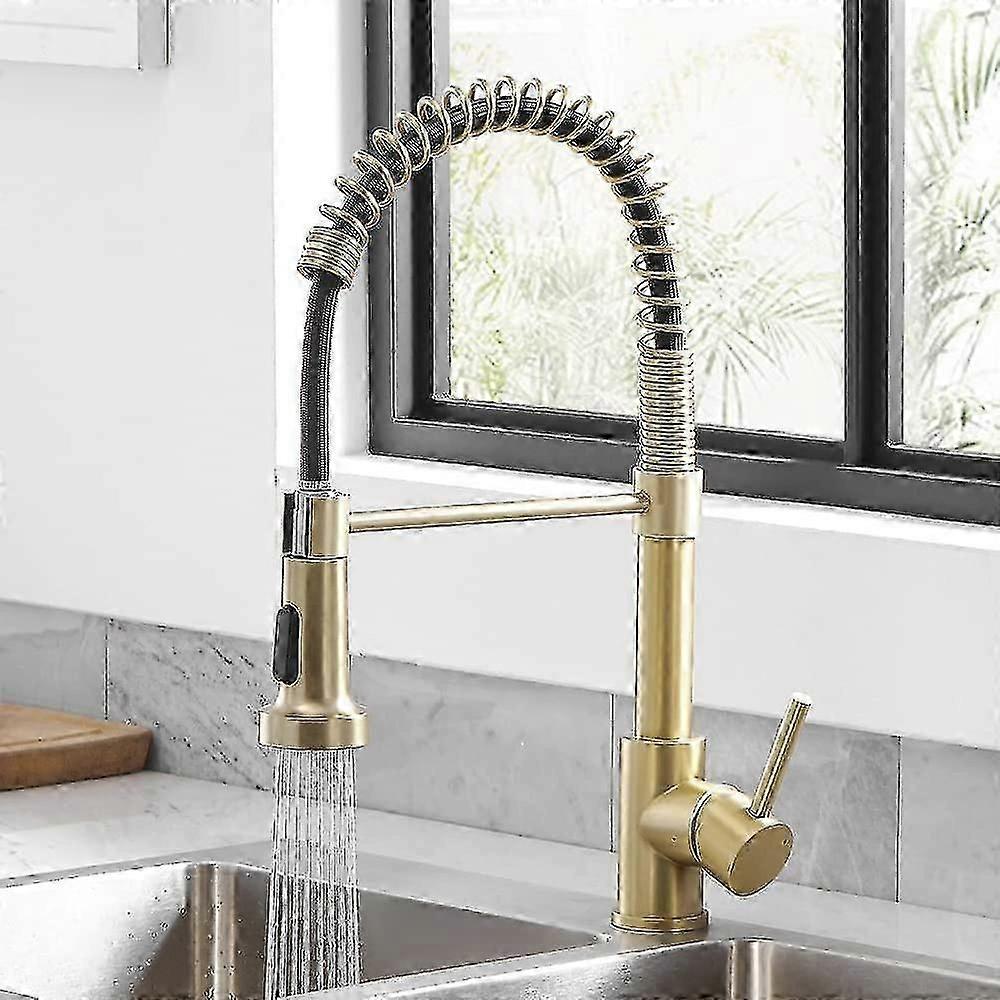 Brushed Gold Kitchen Faucet With Pull Down Sprayer, Rv Brass Kitchen Faucet Stainless Steel Single Handle Spring Faucet With Deck Plate For Farmhouse