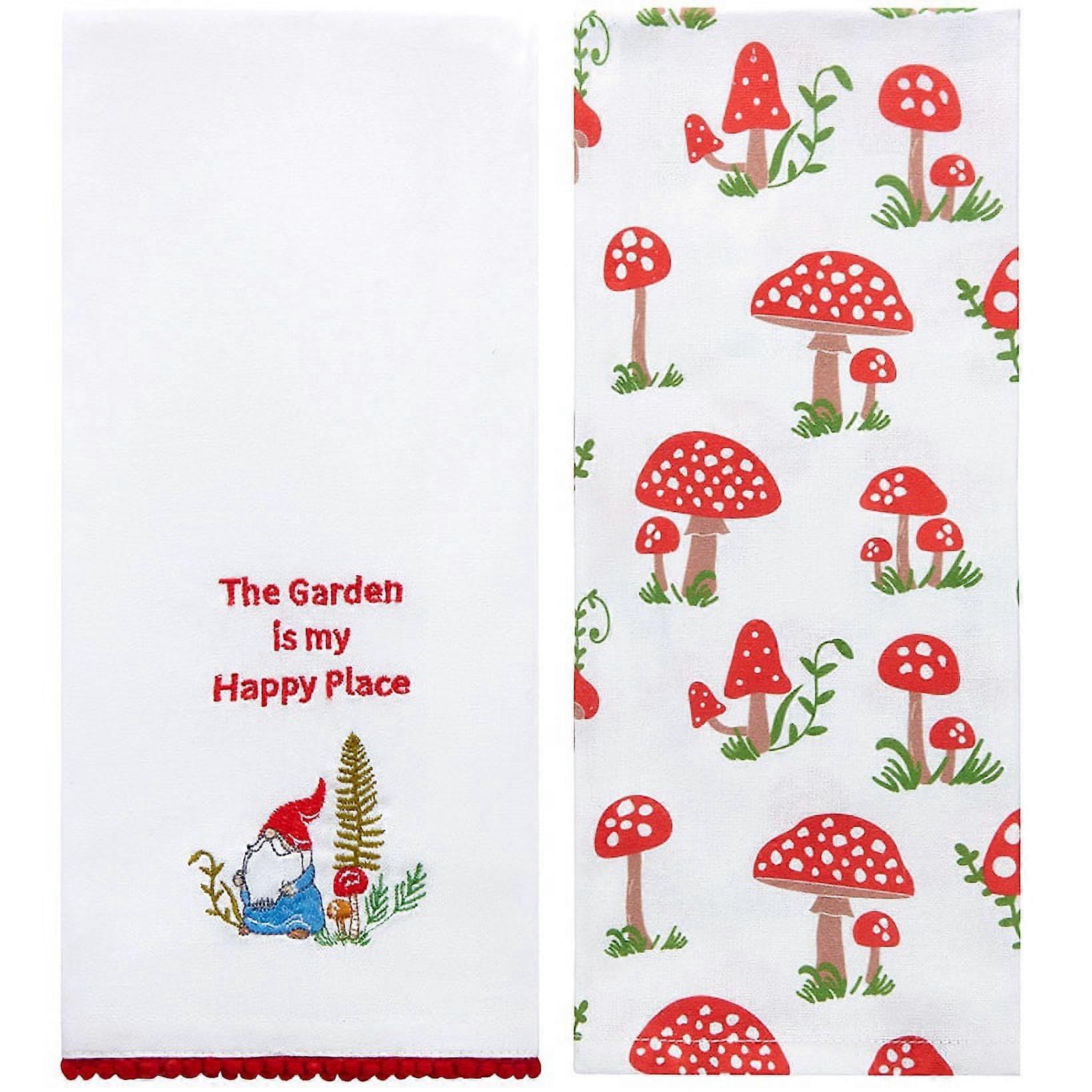 Set of 2 Spring Mushroom Embroidered Kitchen Towels - Happy Place Garden