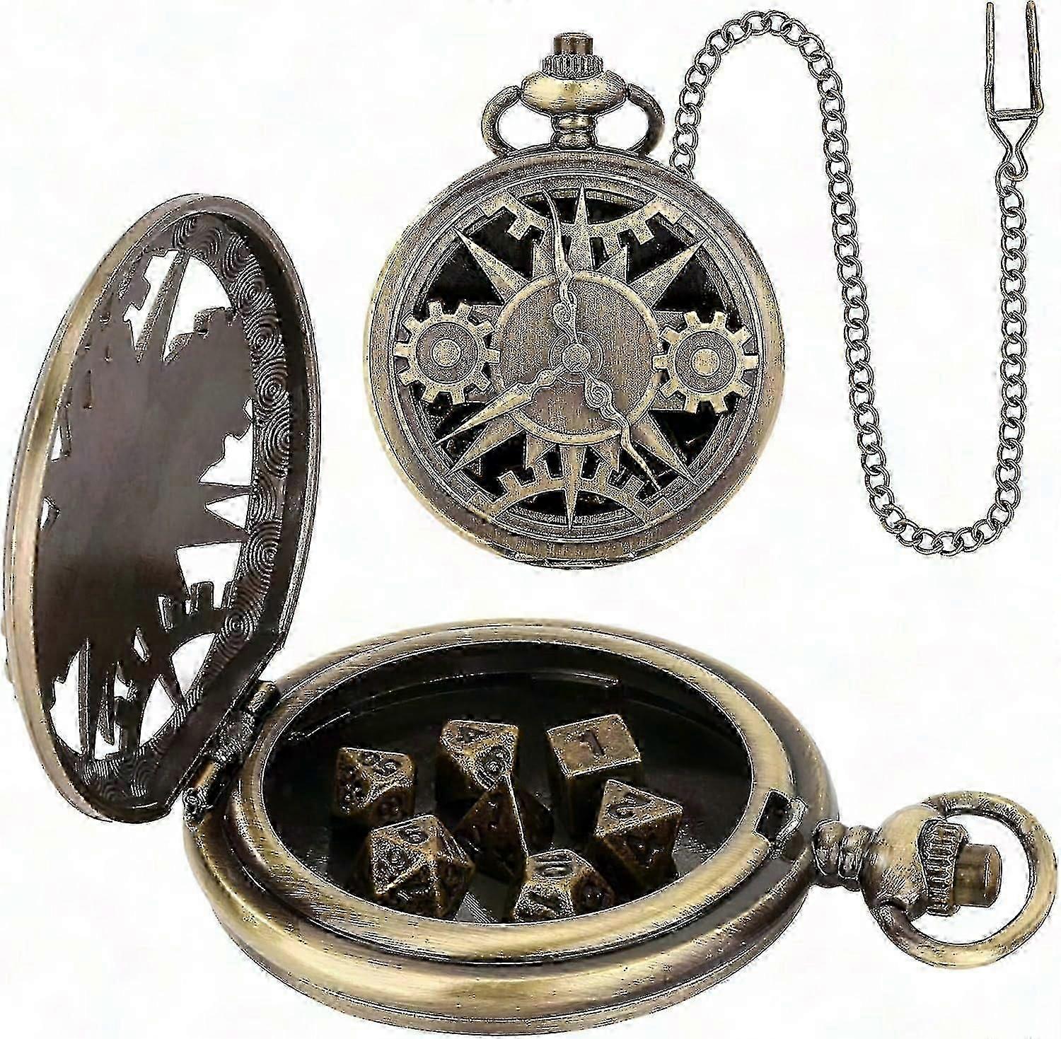 Steampunk Bronze Pocket Watch Mini DND Dice Set - 7Pcs Metal Polyhedral Dice for Dungeons and Dragons Gifts