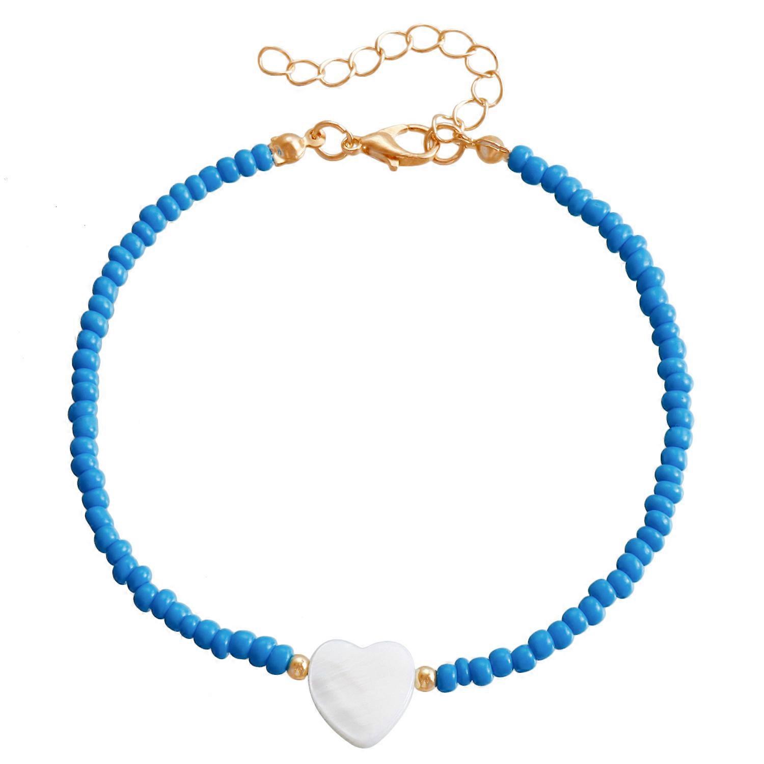 Anklet, Bohemian Handmade Colorful Rice Beaded, Mother-of-Pearl Heart, Adjustable