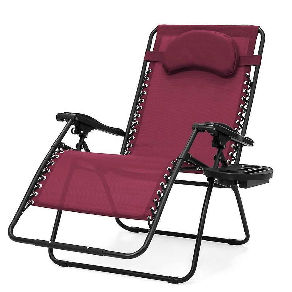Oversized Zero Gravity Chair, Folding Outdoor Patio Lounge Recliner w/Cup Holder Accessory Tray and Removable Pillow - Burgundy