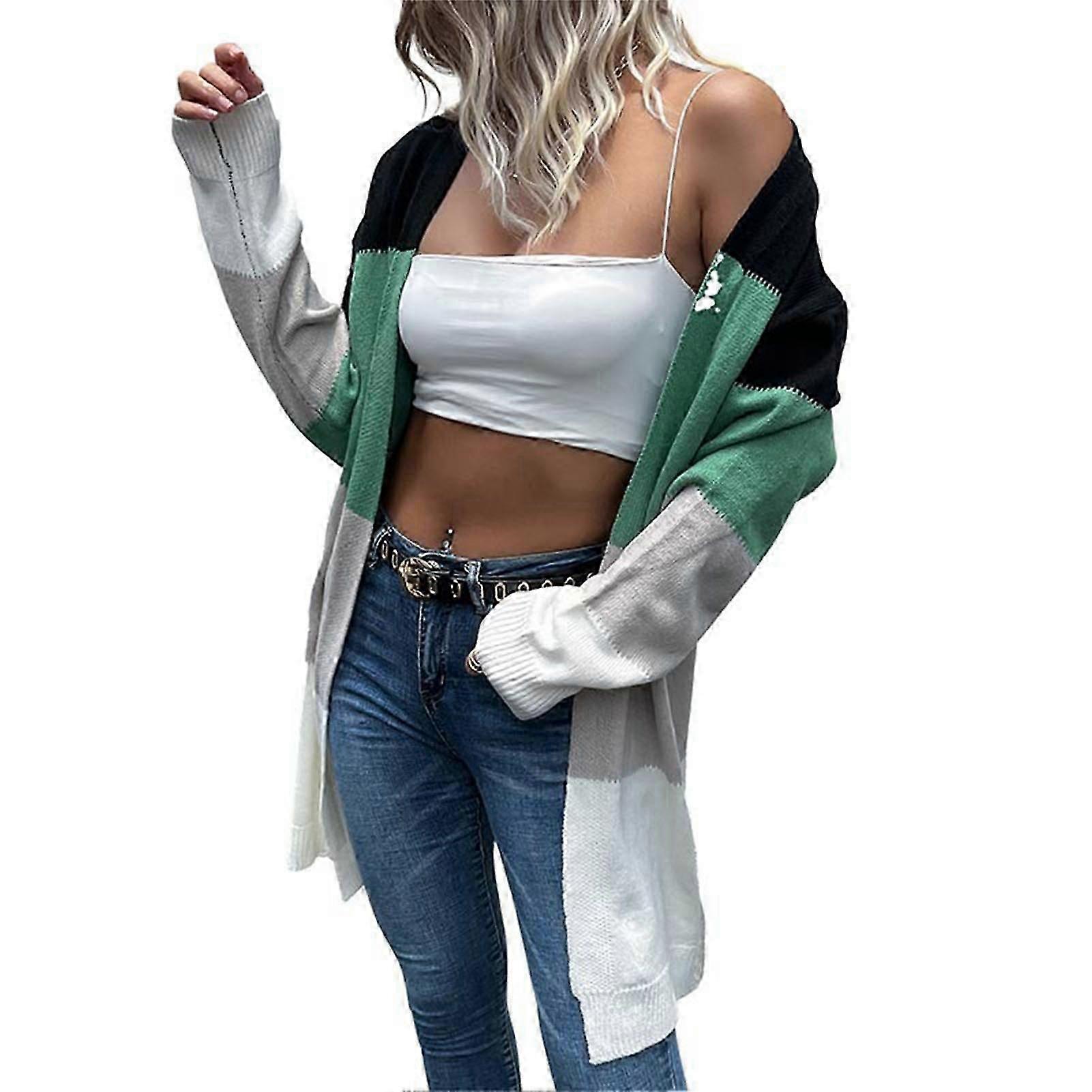 Knitted Open Coat Color Block Stitching Long Sleeved Casual Fit Elegant Women Open Front Sweater