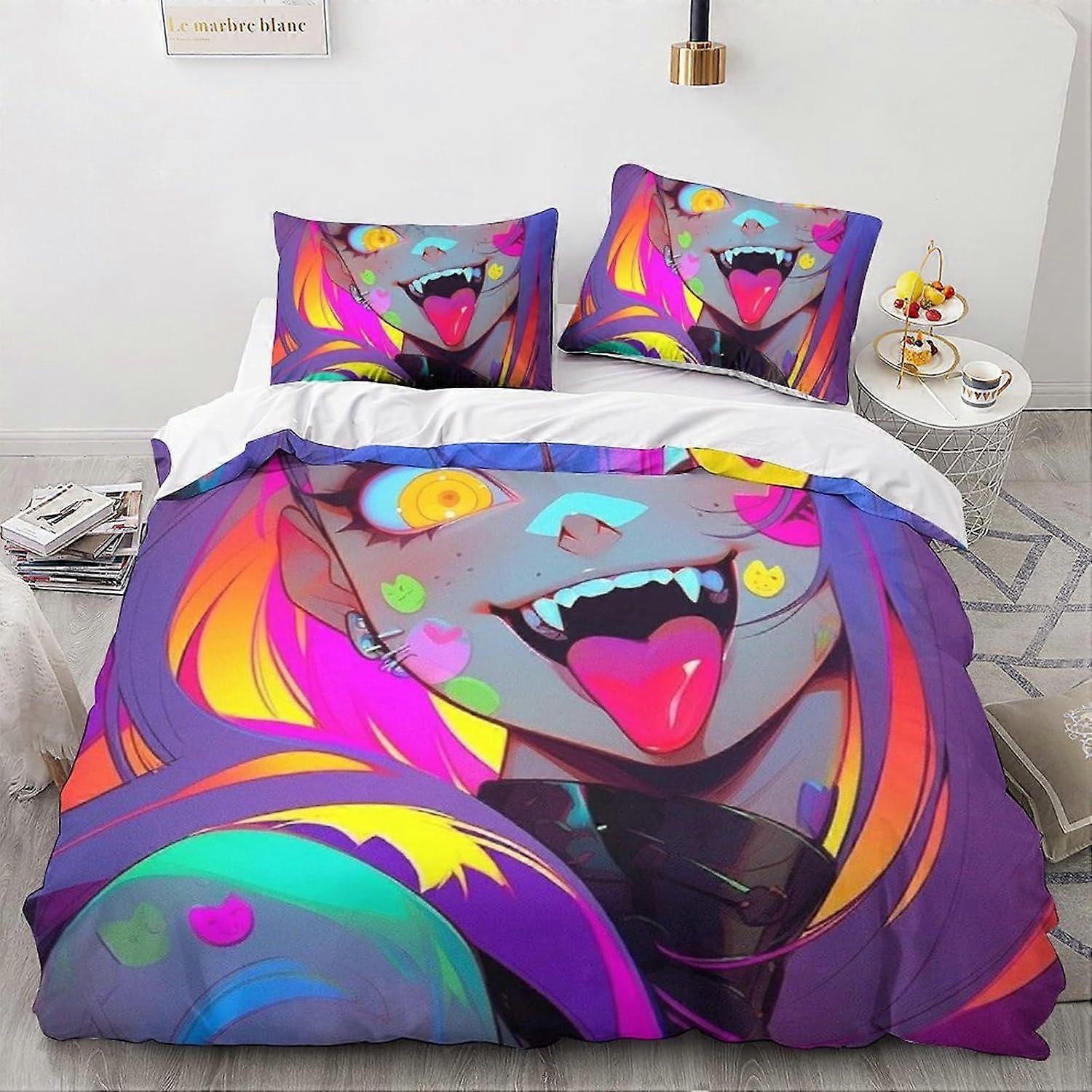 LikeEj Animes و Mangas 3D أنيمي غطاء لحاف وأغطية وسائد ، مجموعة مفروشات مبطن مطبوعة خيالية لغرفة النوم - سوبر تنفس هيبوالرجينيك كامل 