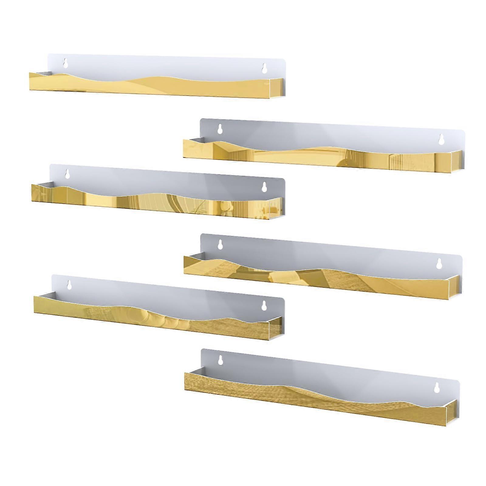 Gold Acrylic Wall Shelves 6 Pack 15 Inch Floating Display with Mirror Finish and Secure Stoppers