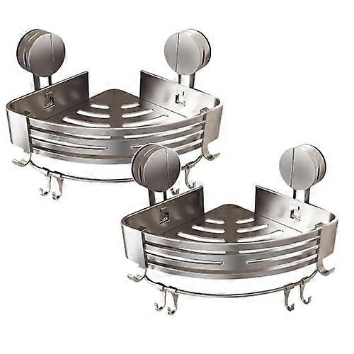 Shower Corner Shelf Drill Bathroom Storage Rack with Hooks Adjustable Suction Caddy Silver 2pcs