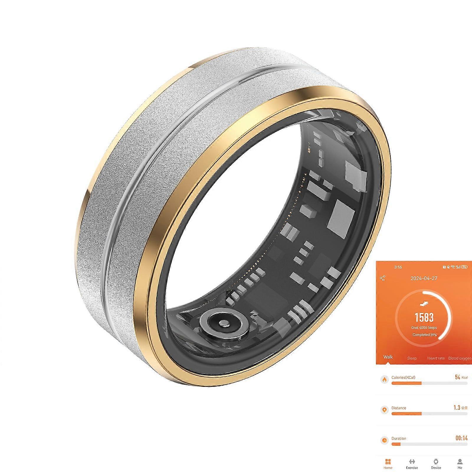 Smart Ring with Heart Rate and SpO2 Monitor, IP68 Waterproof Fitness Tracker, Stainless Steel, Silver and Gold, US11