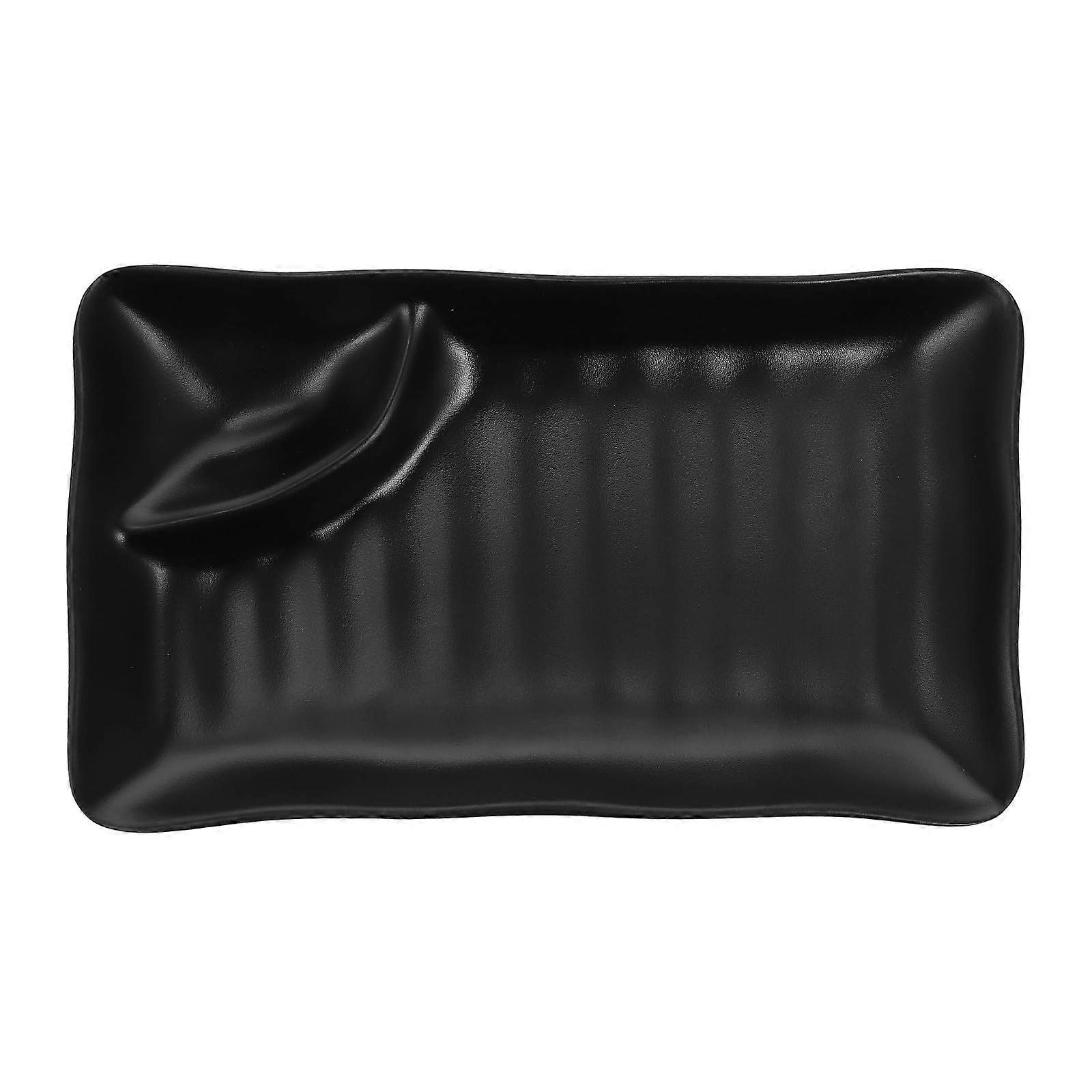 Japanese Sushi Plate with Sauce Section, Black Melamine Appetizer Dish for Dumplings and Snacks