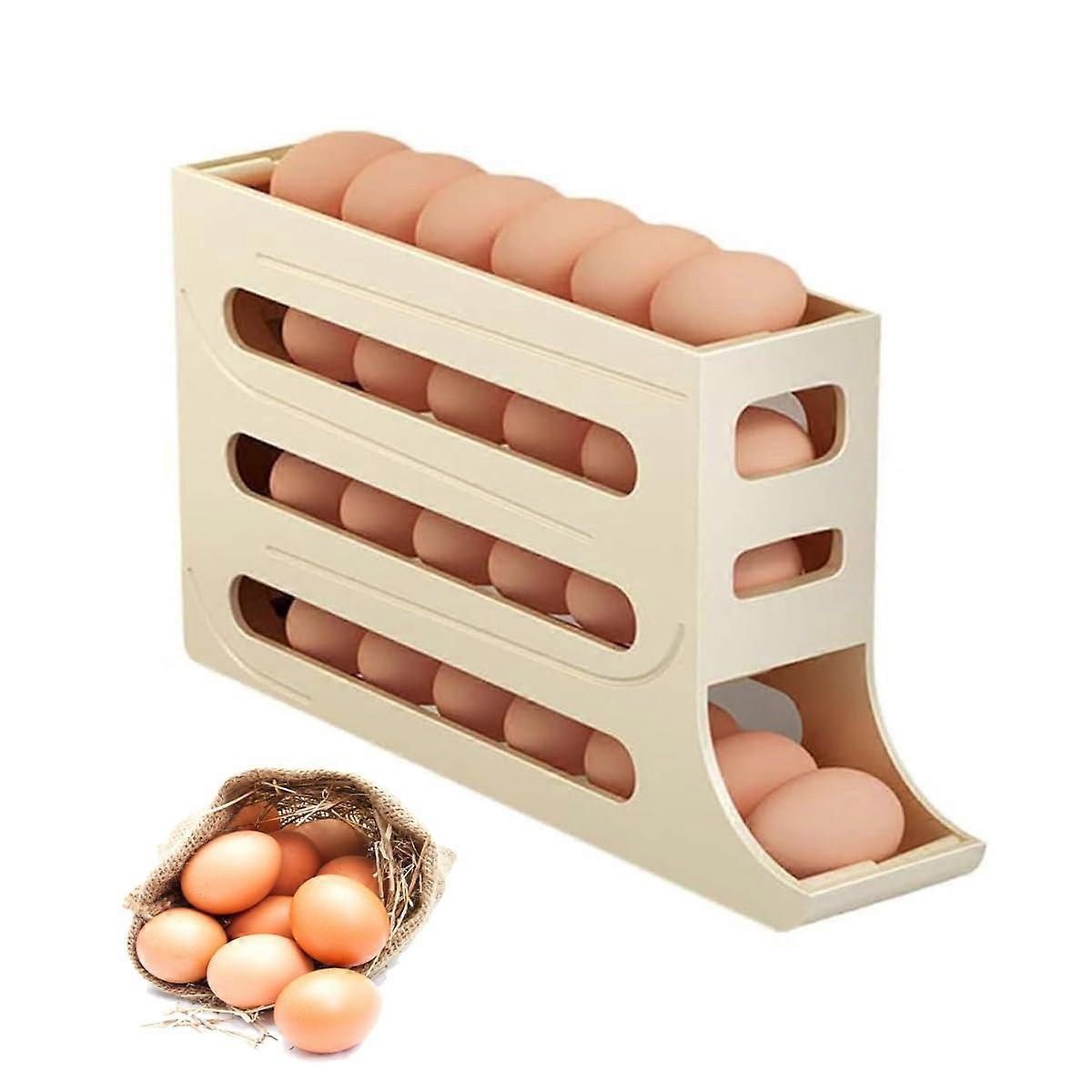 Egg Organizer 4 Tier Auto Rolling Design 30 Egg Refrigerator Holder Stackable Space Saving Beige