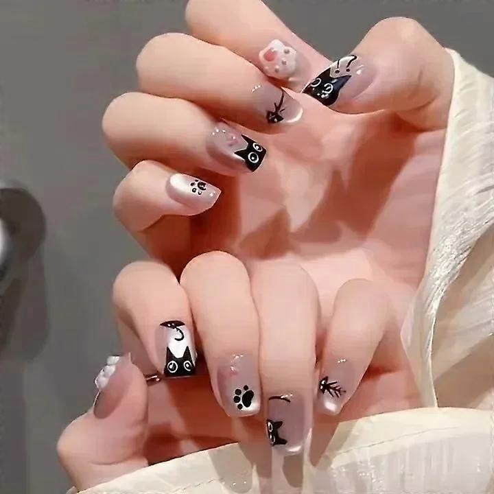 2026 New style 24Pcs Solid Black Short False Nails with Rose Pattern Design Ballerina Square Artific