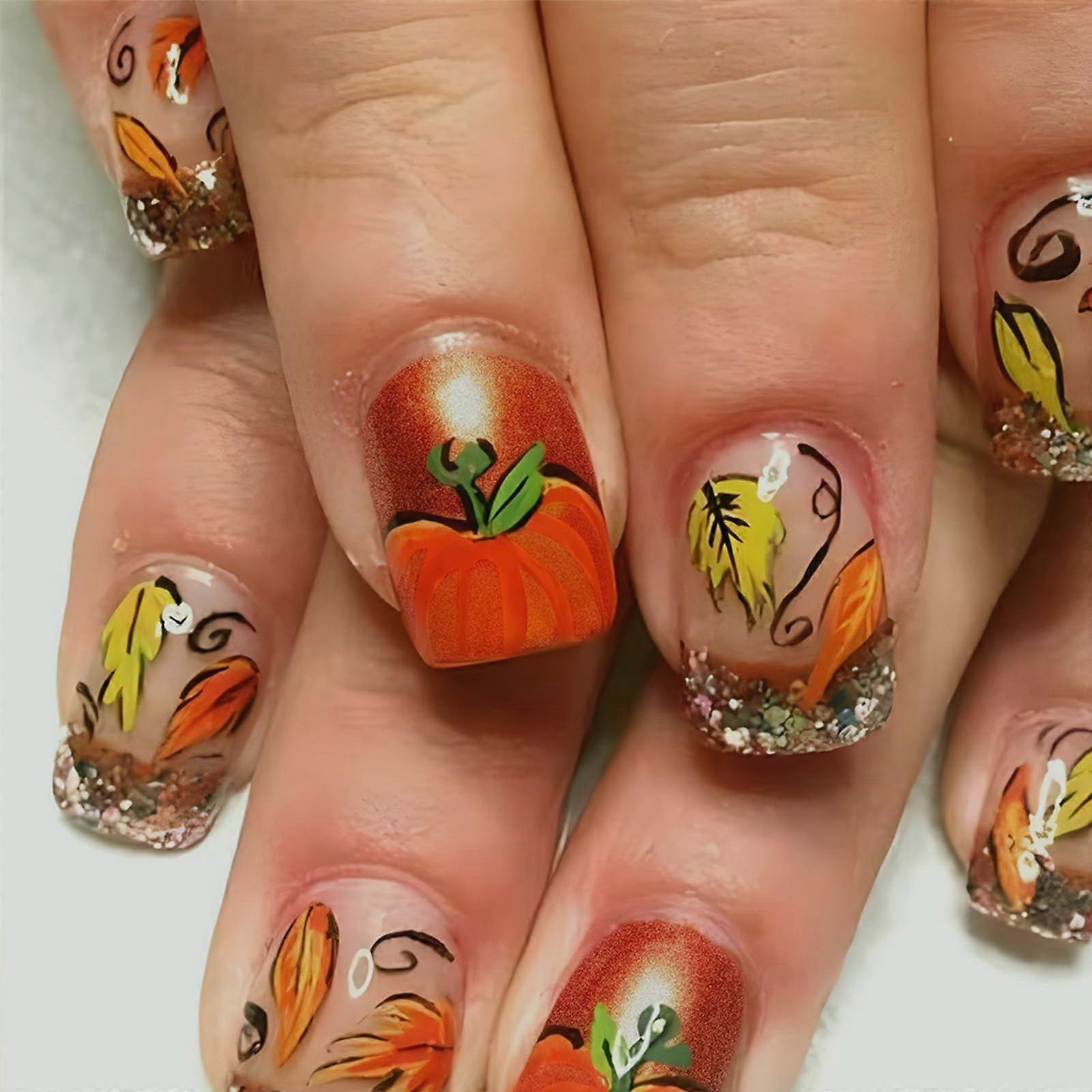 Short Square Press on Nails with Maple Leaf Design Orange Fall Fake Nails for Thanksgiving