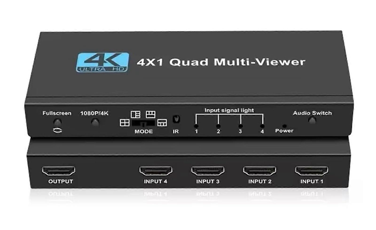 4K HDMI Multiviewer Switch 4x1 Quad Screen Seamless RealTime Splitter with IR Remote US Plug