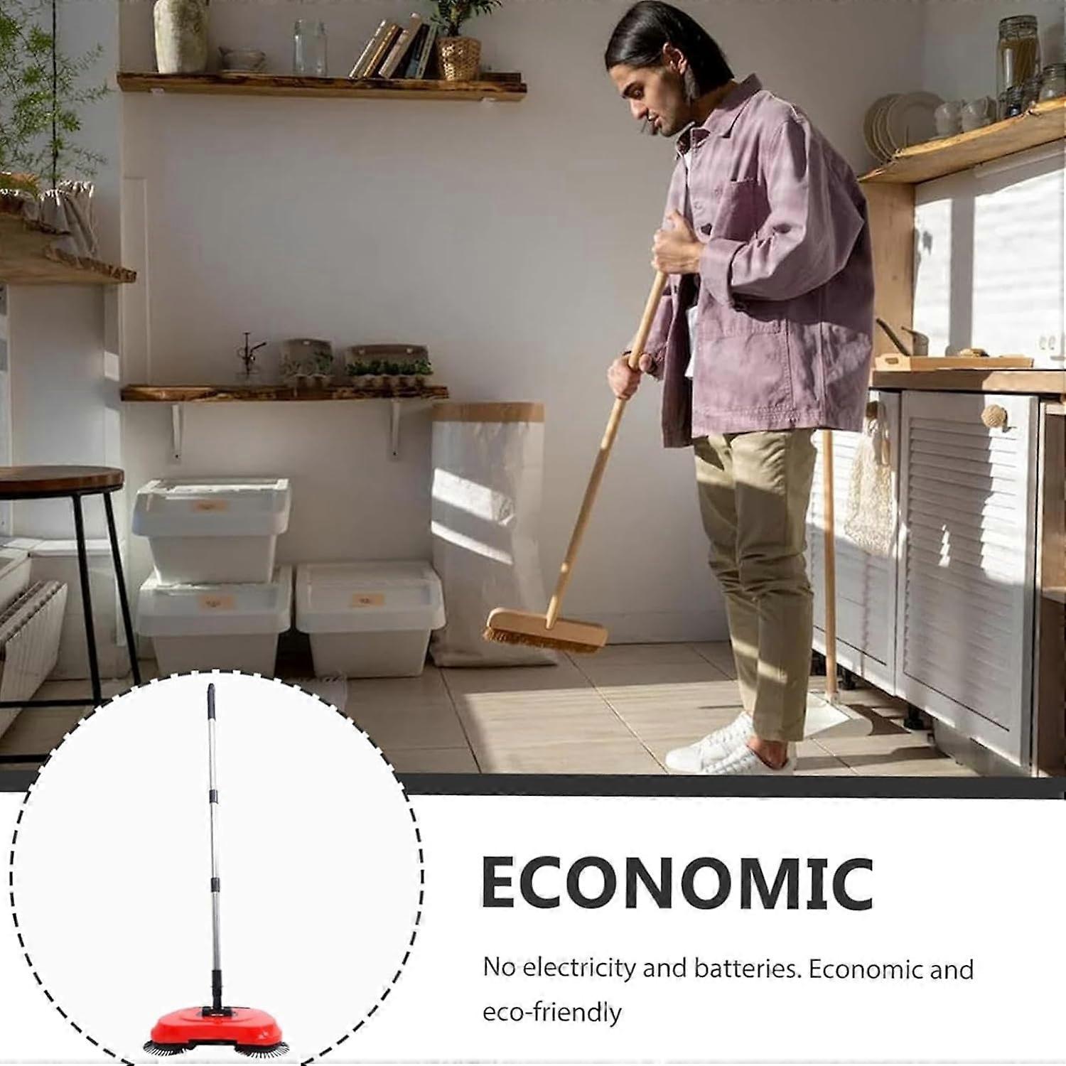 Manual Floor Sweeper with Adjustable Handle, Foldable NonElectric Broom for Hardwood Floors, Red