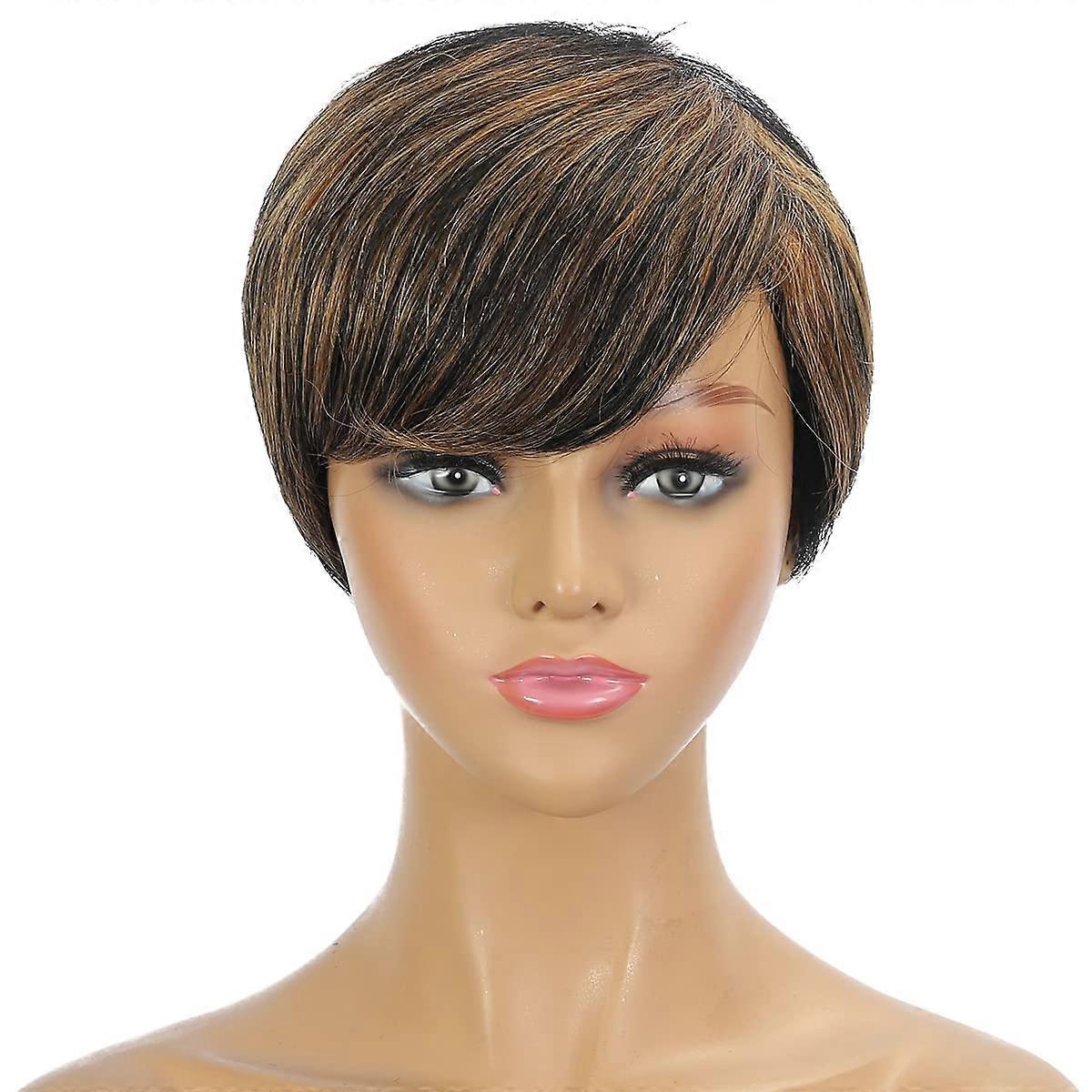 Short Pixie Cut Human Hair Wig for Black Women with Side Bangs Adjustable Medium Cap