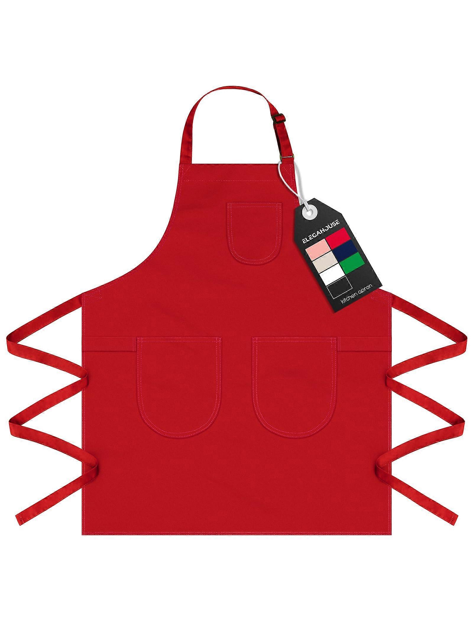 Kitchen Apron with Adjustable Neck Strap, Dual Pockets, Breathable Cotton, Extra Long Ties  Red