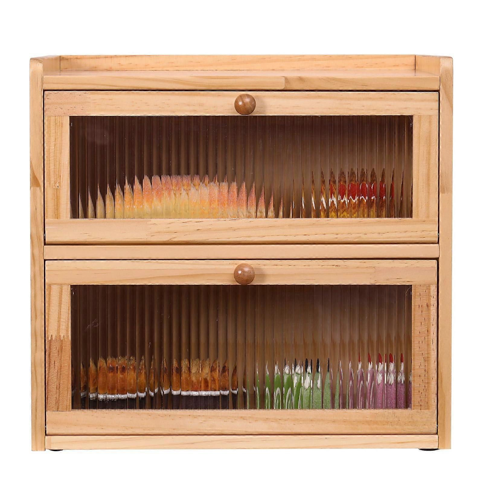 Large Wooden Bread Box with Window, TwoTier Natural Pine Bread Keeper for Kitchen Counter