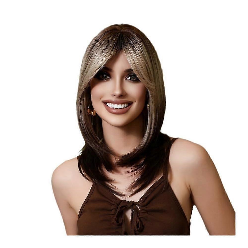 Women's Synthetic Shoulder Length Wig Gray Gold Gradient Straight with Chic FaceFraming Bangs