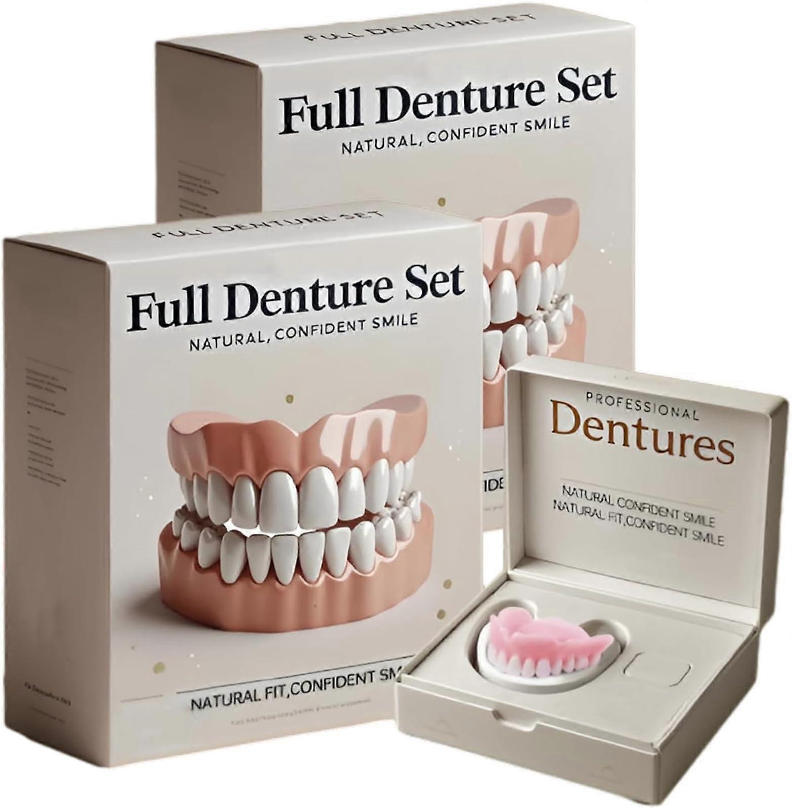 Silicone Dentures Set with Denture Reline Kit, Soft Adjustable Comfort Fit Full Denture 2Pcs