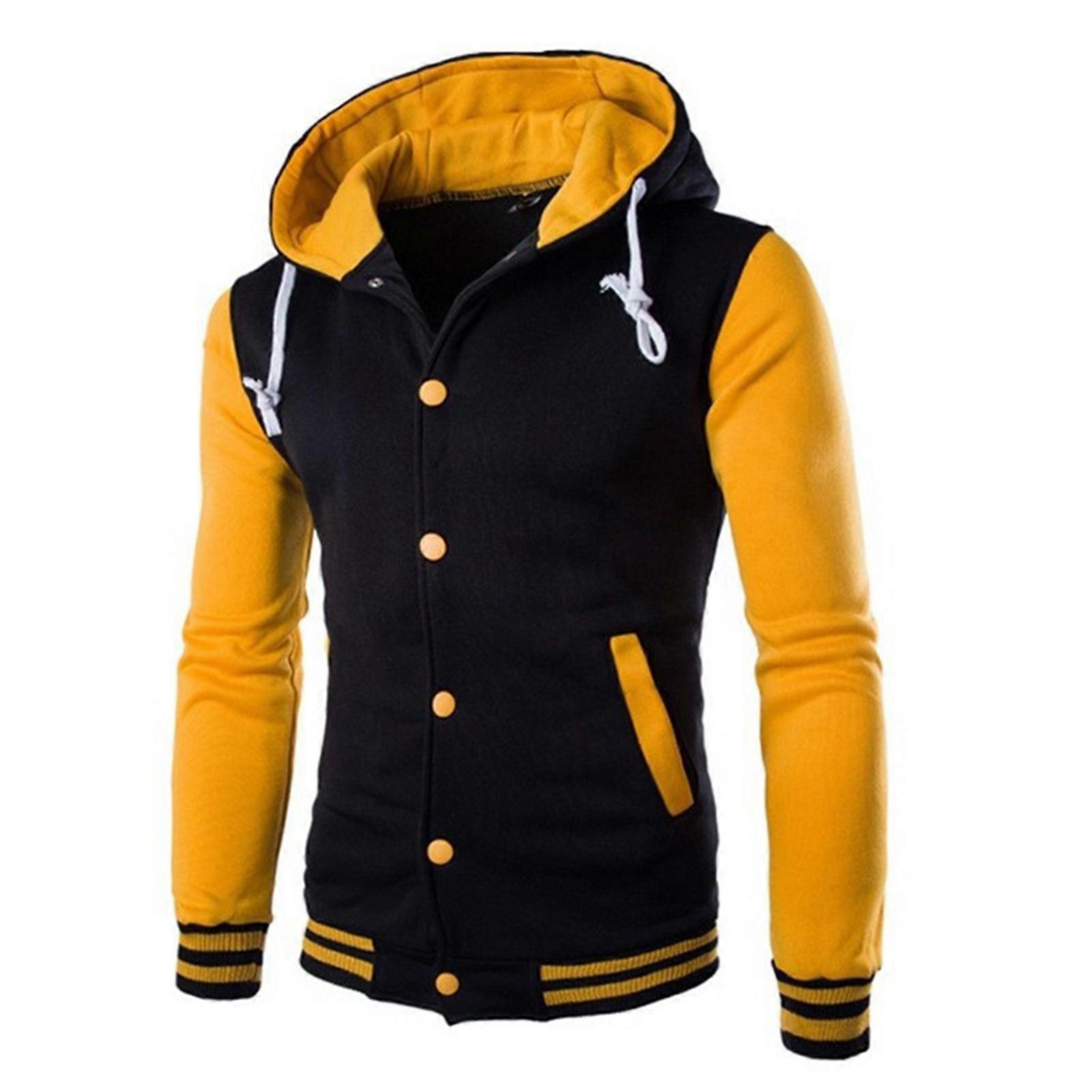 Men Spring Autumn Patchwork Color Sweatshirt Coat Hooded Drawstring Long Sleeve Pockets Single