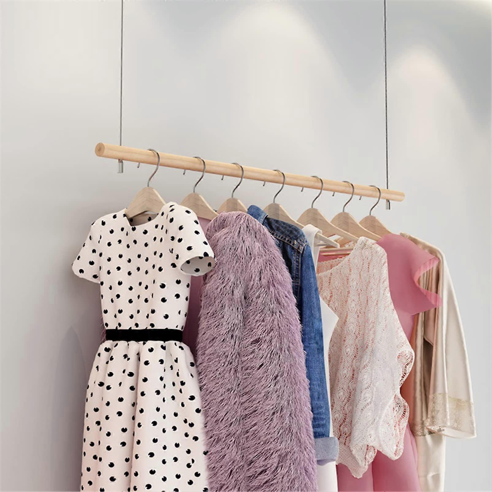 Clothes Rack Ceiling Mounted Solid Wood Garment Bar with Adjustable Height and Space Saving Design 80cm