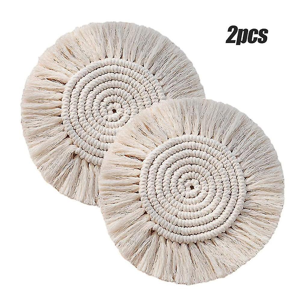 2 Pcs Pure Round Woven Coasters Non slip Handmade In Bohemian Style Coasters