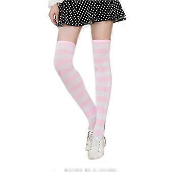 Pair of Women's Pink and White Wide Striped Thigh High Over the Knee Stocking Socks (Pink & White)-Good