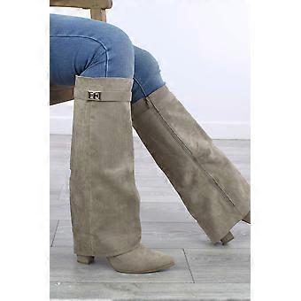 High Block Heel Pointed Toe Skirted Knee High Boots