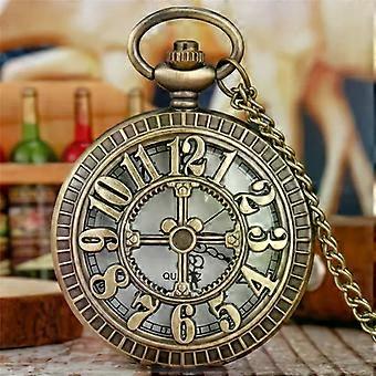 Exquisite Vintage Bronze Steampunk Pocket Watch, Carved Hollow Arabic Numerals Flip Quartz Clock, Retro Necklace Hanging Watch