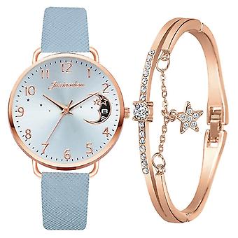 Damen Mondmuster Zifferblatt PU-Armband Quarzuhr, Farbe: Tianlan + Armband Tianlan + Armband
